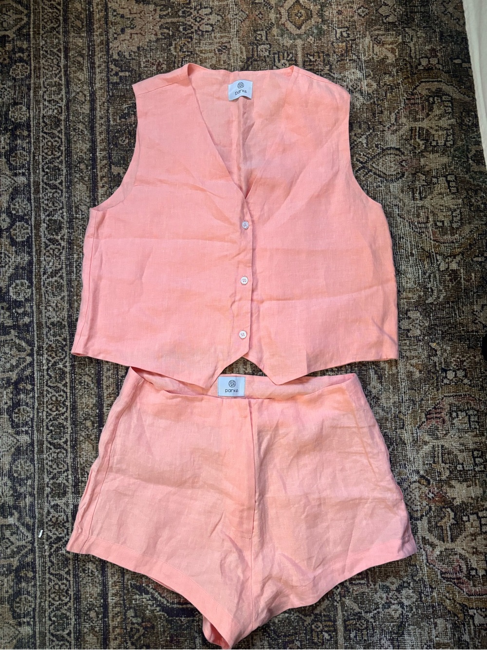 Parke | Coral 100% Linen Vest & Short Set (Large top and Medium bottom)